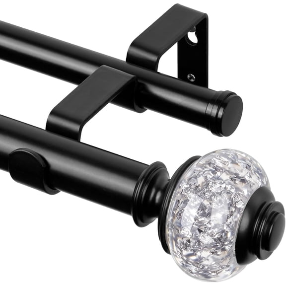 Black Double Curtain Rod 36 to 72 Inches (3 to 6 Ft),  1 Inch Telescoping Dual Curtain Rod, Crystal Window Treatment Rods for Living Room, Bedroom, Wall Mounted