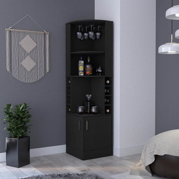 Black Double Door Design - Eight Wine Holders & Glass Display - Corner Entertaining - FSC Certified