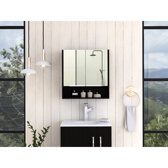 Black Double Door Mirror Cabinet | Great for Bathroom Use and Hiding Daily Items | Made of Particle Board | Keeps Bathroom Clean with Fingerprint - Resistant Handles