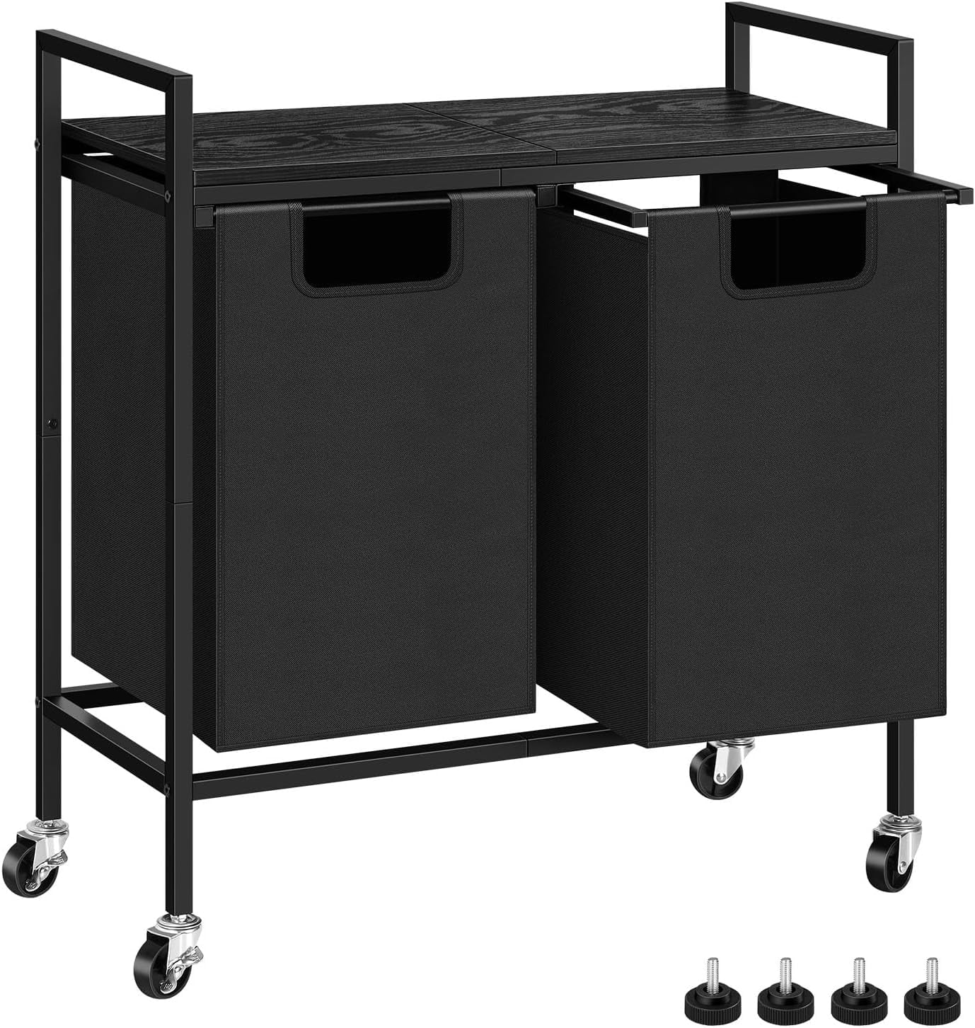 Black Double Laundry Hamper Basket with Removable Bag and Black Wood