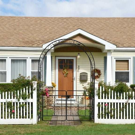 Black Double-Layer Arc Roof Iron Garden Arch with Door Heavy-Duty Rustproof Wrought Iron Structure for Climbing Plants, 83.9" Tall Decorative Arch for Courtyards, Backyards
