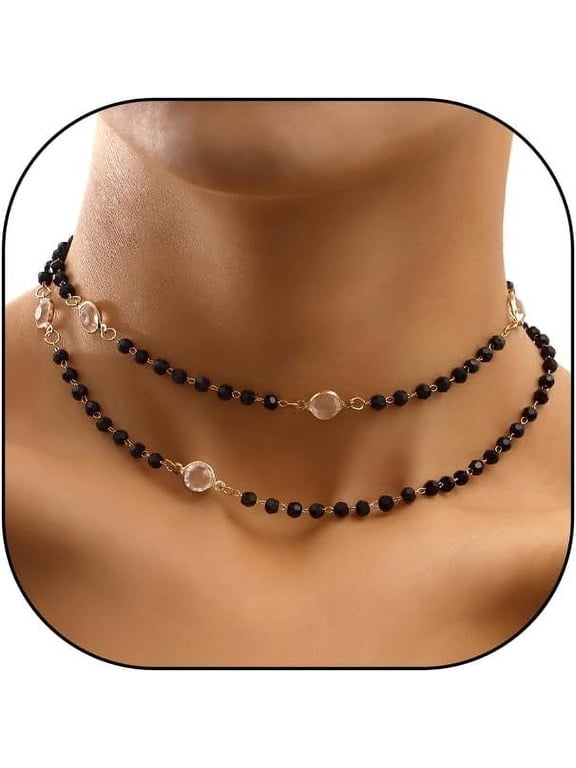 Black Double Layer Crystal Bead Choker Necklace, Gold Thin Chain Adjustable Short Collar Necklace, Trendy Dainty Simple Jewelry Gift for Women