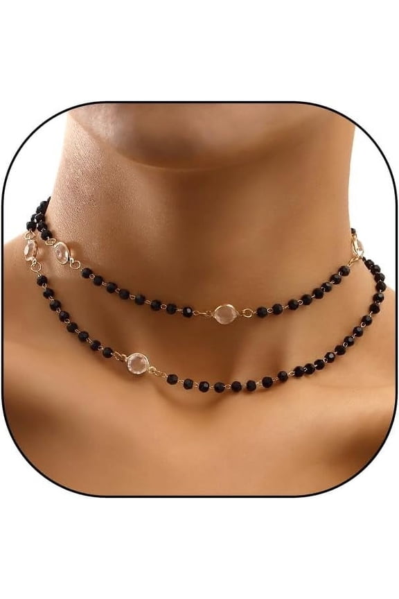 Black Double Layer Crystal Bead Choker Necklace, Gold Thin Chain Adjustable Short Collar Necklace, Trendy Dainty Simple Jewelry Gift for Women