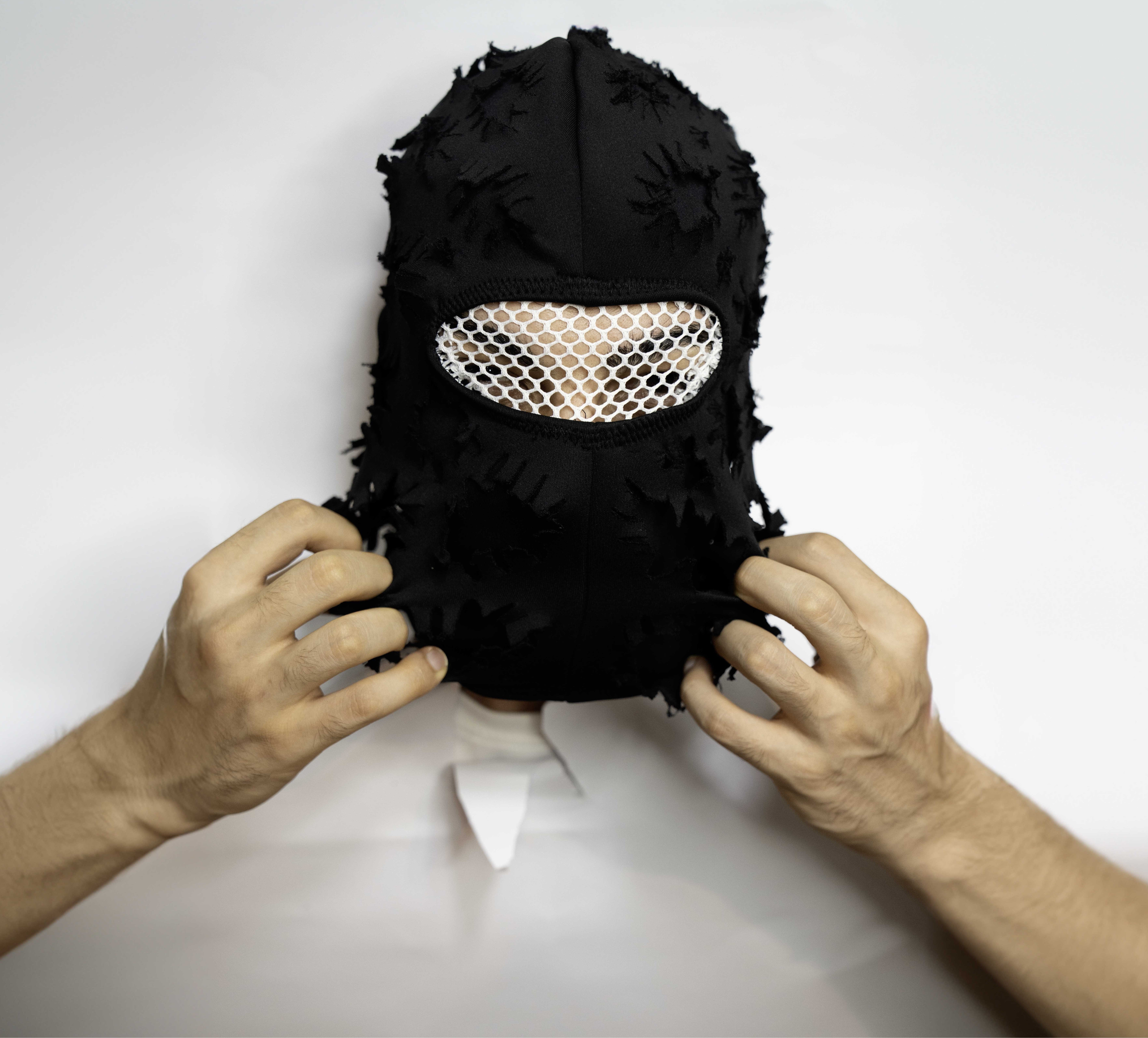 Black Double Layer Ski Mask And Balaclava  Round Cut, Distressed Details