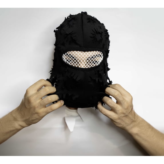 Black Double Layer Ski Mask And Balaclava Round Cut, Distressed Details