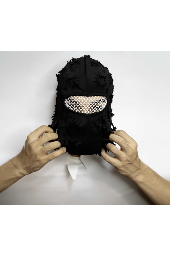 Black Double Layer Ski Mask And Balaclava Round Cut, Distressed Details