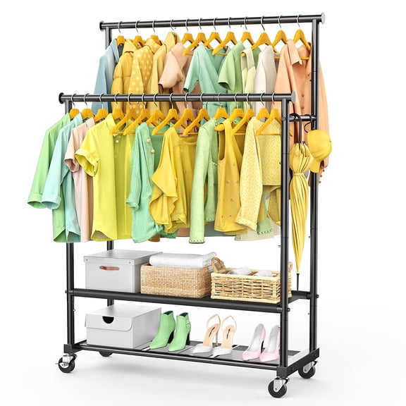 Black Double Rod Freestanding Garment Rack For Bedroom Laundry Living Room Storage