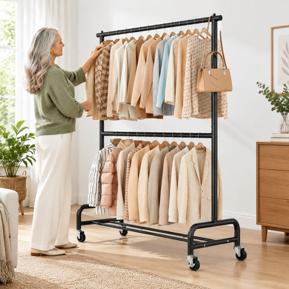 Black Double Rod Heavy Duty Metal Rolling Clothes Garment Rack