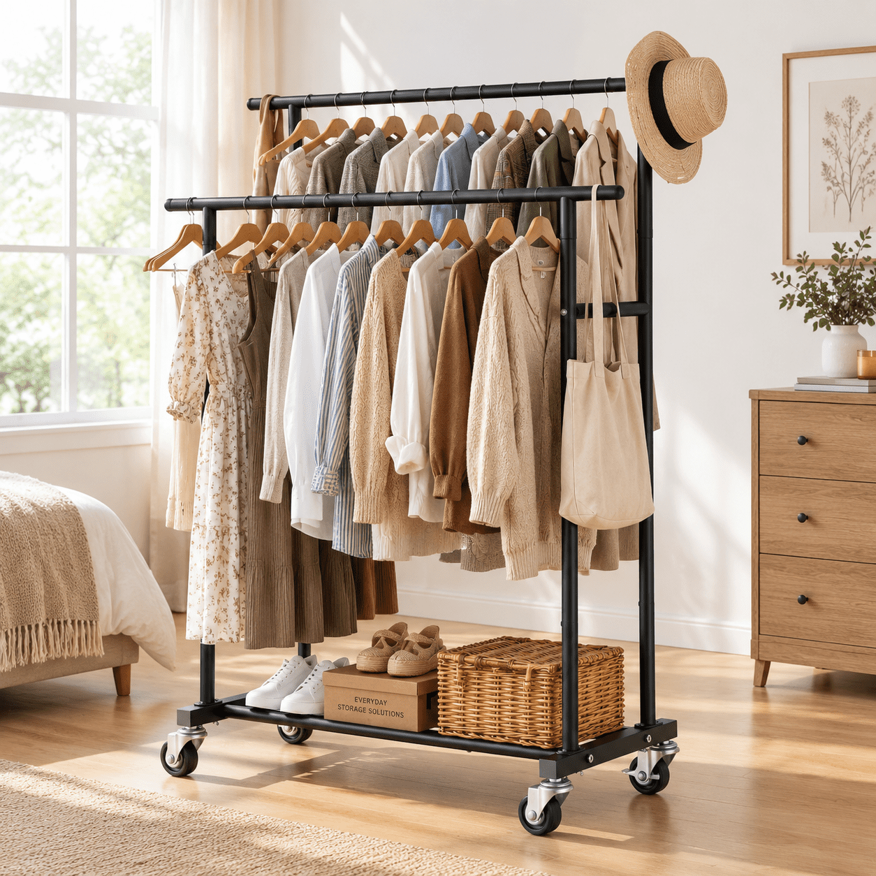 Black Double Rods Rolling Garment Rack Sturdy Clothes Organizer for ...