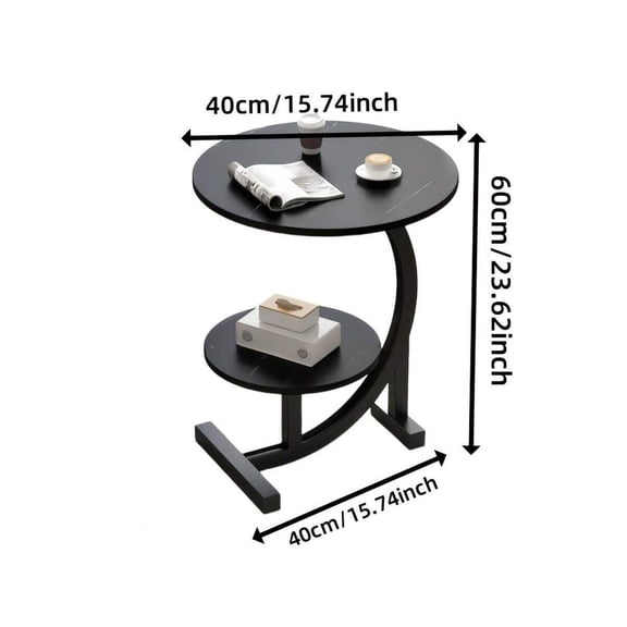 Black Double-Tier End Table Modern Round Side Table With Black Marble-Look Top & Curved Metal Frame, 23.6 Height For Living Room Or Bedroom