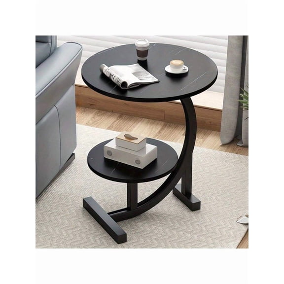 Black Double-Tier End Table With Marble-Style Top And Curved Metal Base - Modern Round Side Table For Living Room Or Bedroom