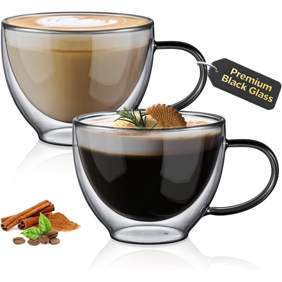 Black Double Walled Glass Coffee Mug 12 oz Latte Cappuccino Cups Set of 2 Coffee Cups with Handle, Double Wall Glass Cup for Milk Juice Ice , Birthday Gifts for Mum Dad