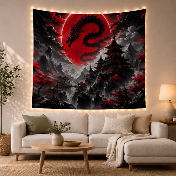 Black Dragon Coiled Against Red Moon and Pagoda in Mist, Dramatic Gothic for Fantasy Lovers, Asian Inspired Wall Art, Holiday Gift Tapestry Wall Hanging for Bedroom and Living Room