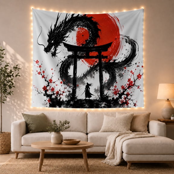 Black Dragon Coiling Around a Red Sun and Torii Gate, Dramatic Anime for Mythology Fans, Warrior Wall Art, Housewarming Gift, Tapestry Wall Hanging for Bedroom and Studio