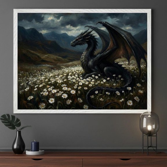 Black Dragon Dark Fantasy Wall Art Gothic Mythical Creature Decor Dragon in Daisy Field Pr