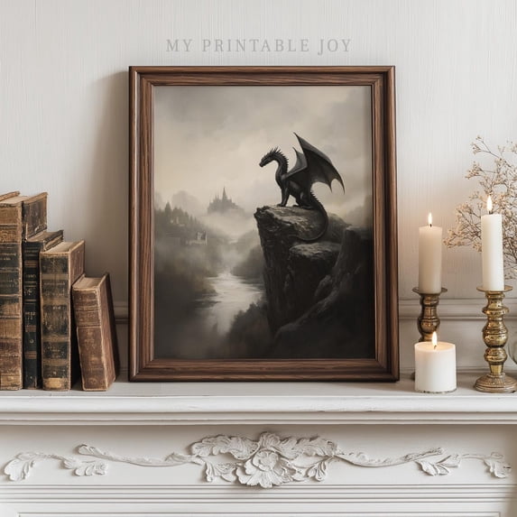 Black Dragon On Rocky Cliff Wall Art, Moody Fantasy Landscape, Gothic ...