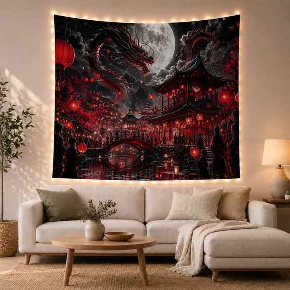 Black Dragon Above Red Lantern Waterfront Town, Dramatic Fantasy Style for Dragon Lovers, Dragon Wall Art, Housewarming Gift, Tapestry Wall Hanging for Bedroom and Gaming Room