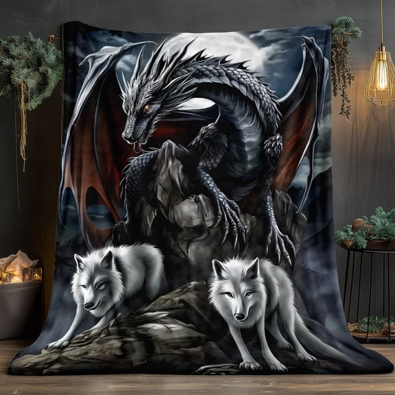 Black Dragon & Two White Wolves Fantasy Flannel Blanket 60x80in - Heavyweight 280GSM Warm Throw for Bed Couch Camping All-Season Indoor Outdoor Gift