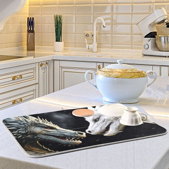 Black Dragon and White Dragon Dish Drying Mats for Kitchen Counter Absorbent Microfiber Coffee Pad