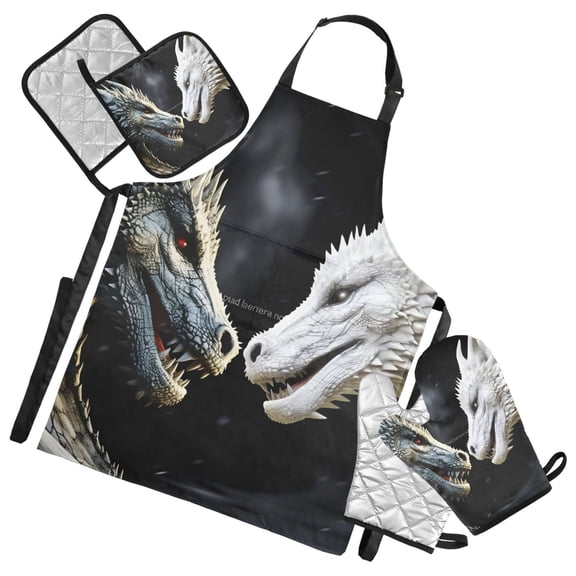 Black Dragon and White Dragon Oven Mitts and Pot Holders with Chef Apron Set 5 Pcs Kitchen Cooking Set
