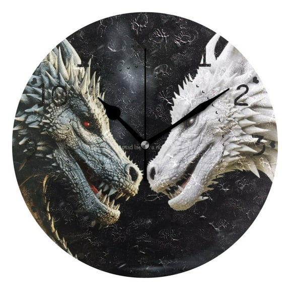 Black Dragon and White Dragon Round Wall Clock Silent Battery Operated Home Decor for Living Room Bedroom
