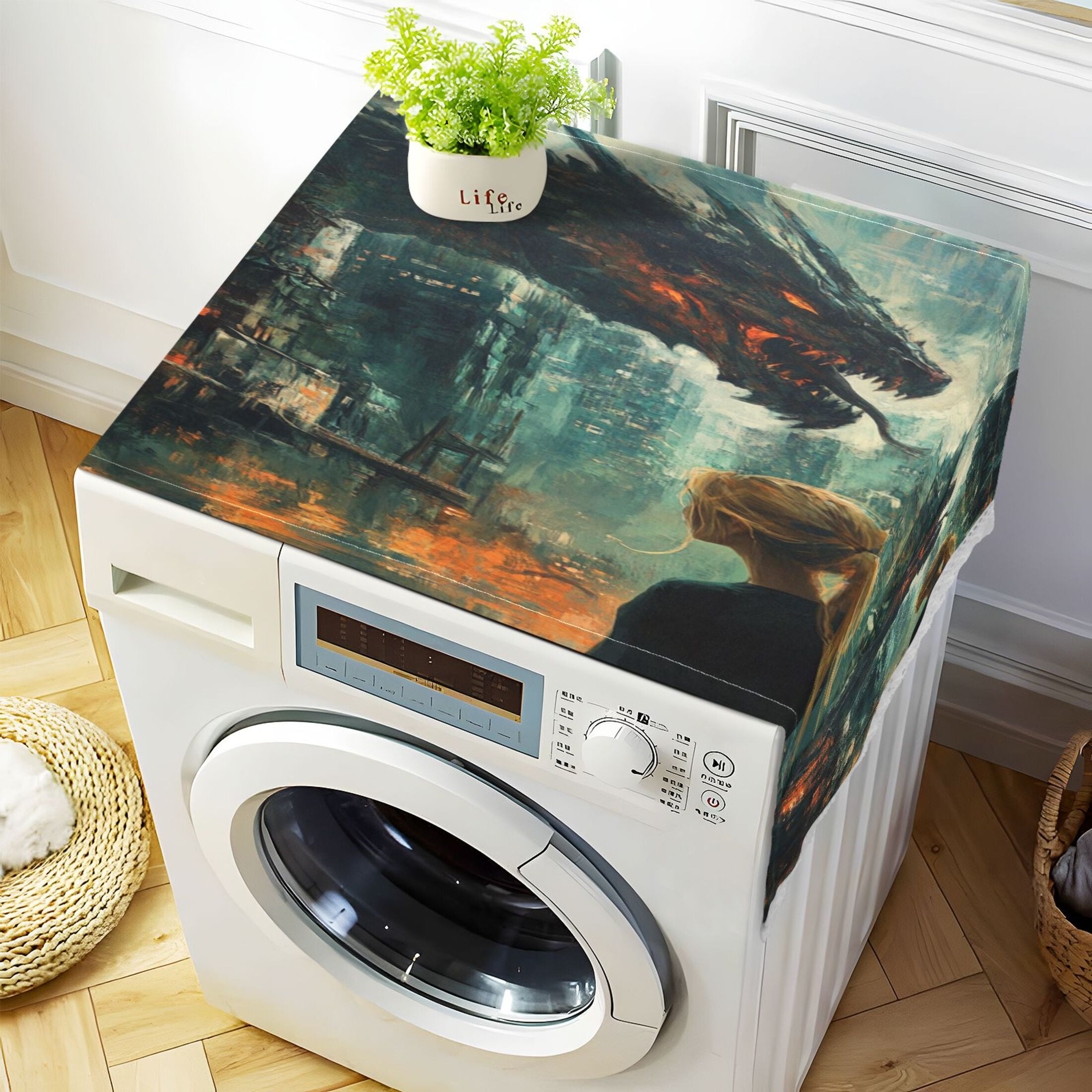 Black DragonWasher and Dryer Covers Dust-Proof and Oil Resistant Fridge Cover with 4 Storage Pockets Washing Machine Top Cover for Laundry Kitchen Home 51.2 x 22 In