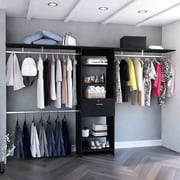 Black Drawers Closet 70w - 118w With One Drawer, Four Hanging Rods, Five Shelf Authority Shelves Closet Black, Salience