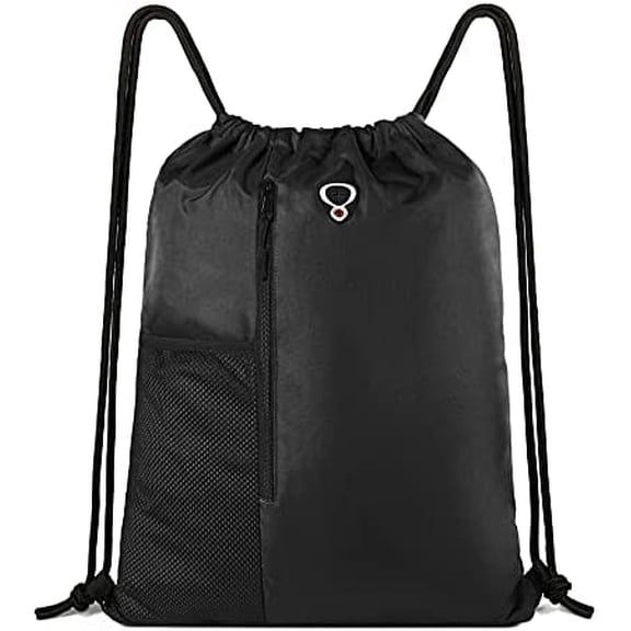 Black Drawstring Backpack Gym Bag For Men Women String Sports Backpack With Water Bottle Mesh Pockets And 2 Zippered Pocket Large Cinch Sackpack Workout Bag 16" x 20"