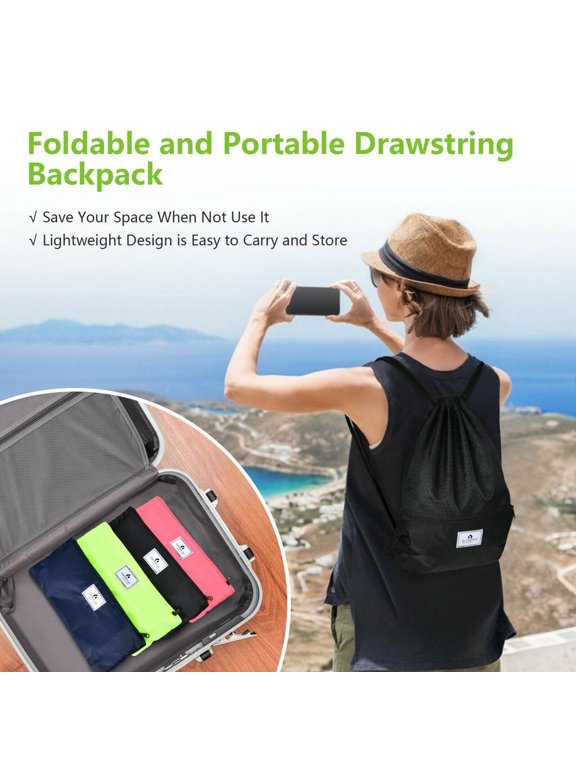 Black Drawstring Backpack with Zipper Pocket, Foldable Sports Sac, Lightweight Cinch Bag