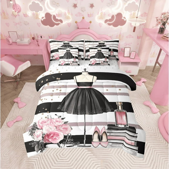 Black Dress Bed in a Bag 7 Piece Queen Modern Fashion Bedding Sets Modern Themed Comforter Set with Sheets Fashion Woman Dress Bed Set Pink High Heels Romantic Makeup Decor Sheets