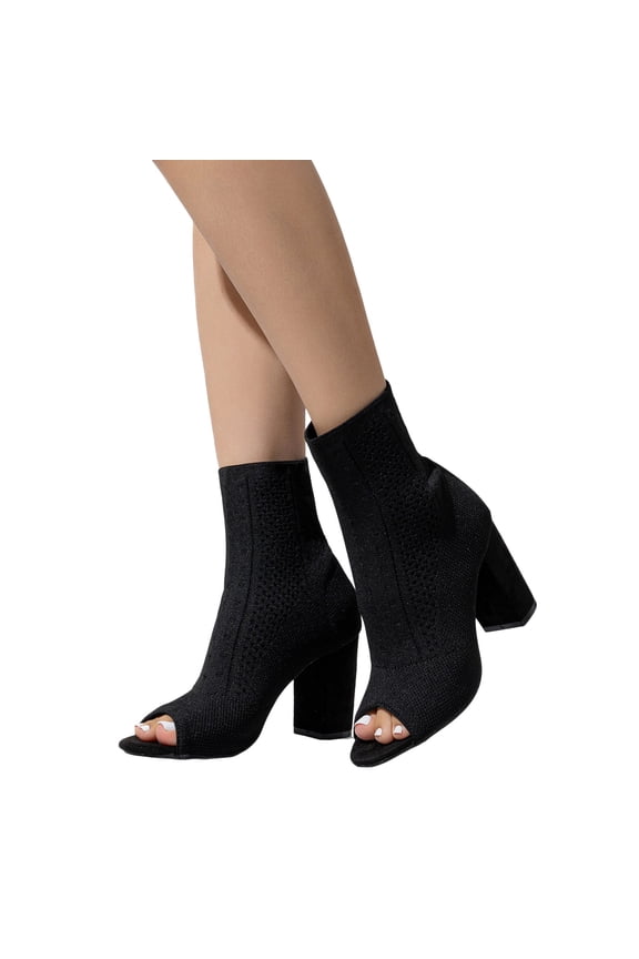 Black Dress Boots for Women Open Peep Toe Chunky Block High Heel Slip on Socks Mid Calf Short Ankle Booties Sandals