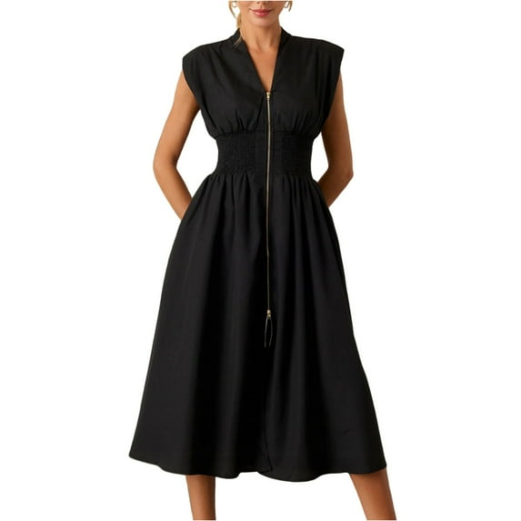 Black Dress Shirt Women, Tank Sexy Waisted V Neck Pleated Zip Midi Dresses Baby Blue For Women Dress Midi 2025 Casual Dusty Bridesmaid Dresses Work Denim Dress Romper (M, Black) ZMTing
