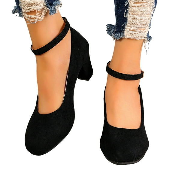 Black Dress Shoes for Women Suede Pointed Toe Block High Heels Ankle Strap Business Formal Fall Pumps Ladies
