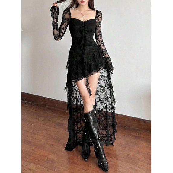 Black Dress With Square Neck And Bell Sleeves