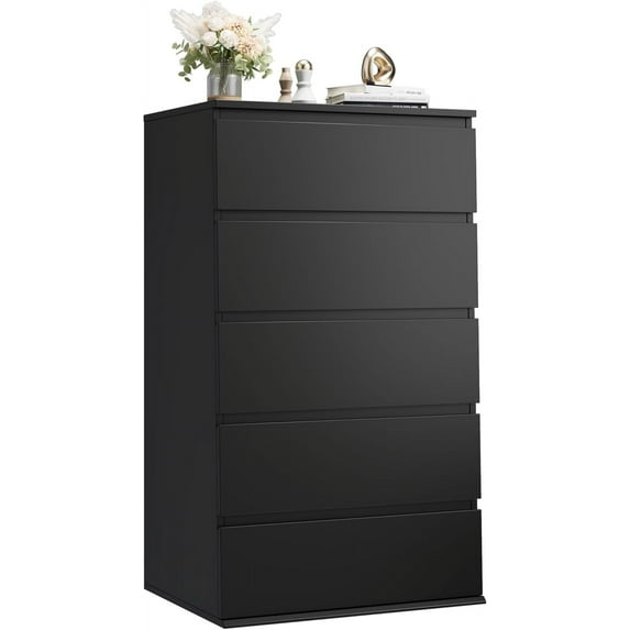 Black Dresser, 5 Drawer Dresser Tall Black Dresser with Large Storage Space, Modern Storage Chest of Drawers, 23.6L x 17.6W x 39.1H Inch Storage Organizer Cabinet for Home, Black
