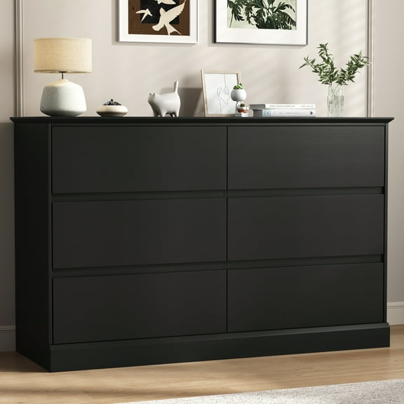 Black Dresser 6 Drawer Dresser Chests of Drawers Wood Storage Side Large Cabinet for Bedroom Closet Living Room