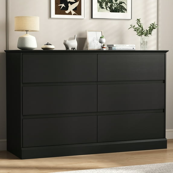 Black Dresser 6 Drawer Dresser Chests of Drawers Wood Storage Side Large Cabinet for Bedroom Closet Living Room