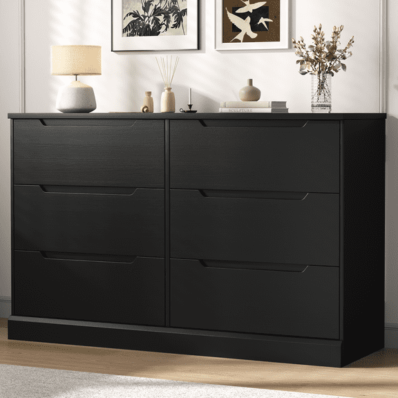 Black Dresser 6 Drawer Dresser for Bedroom, Modern Wooden Closet Dresser Living Room Hallway Entryway Cloakroom Dressing Room
