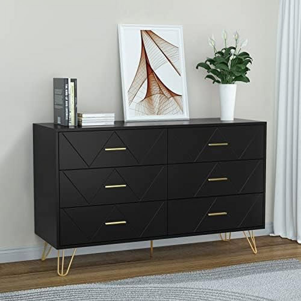 Black Dresser 6 Drawer Wood Dresser for Bedroom with Modern Black and
