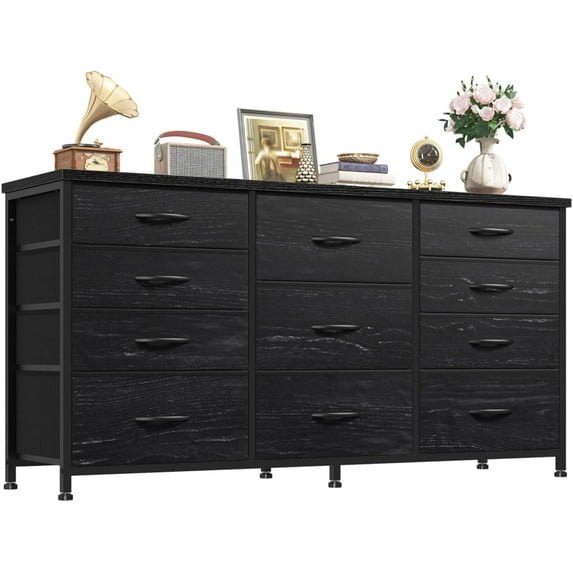Black Dresser for Bedroom with 11 Fabric Drawers, Dresser TV Stand for 50, 55 Inch TV, Sturdy Storage Dressers & Chests of Drawers for Closet, Entryway