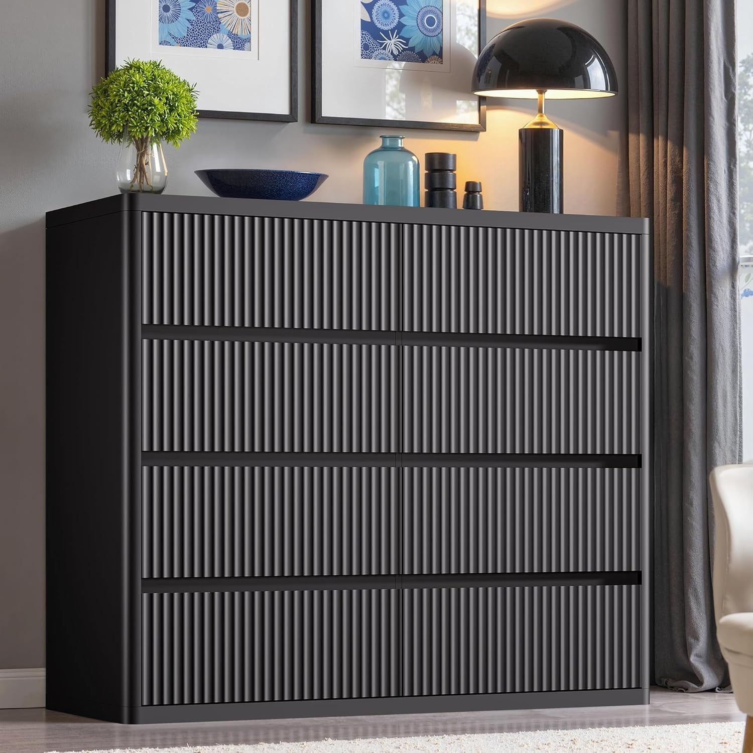 Black Dresser for Bedroom, 8 Drawers Double Fluted Dressers, Modern ...