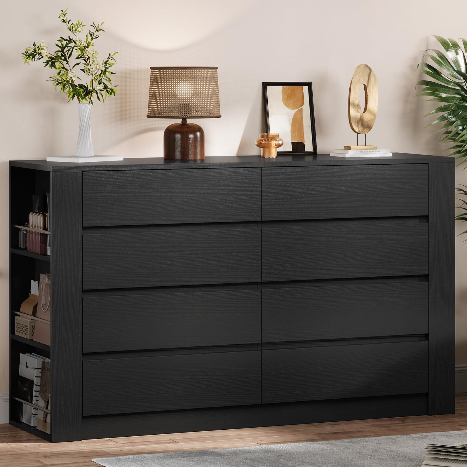 Black Dresser for Bedroom, 8 Drawers Dresser with Side Storage Shelves, Modern 55.1" Large Wood ...