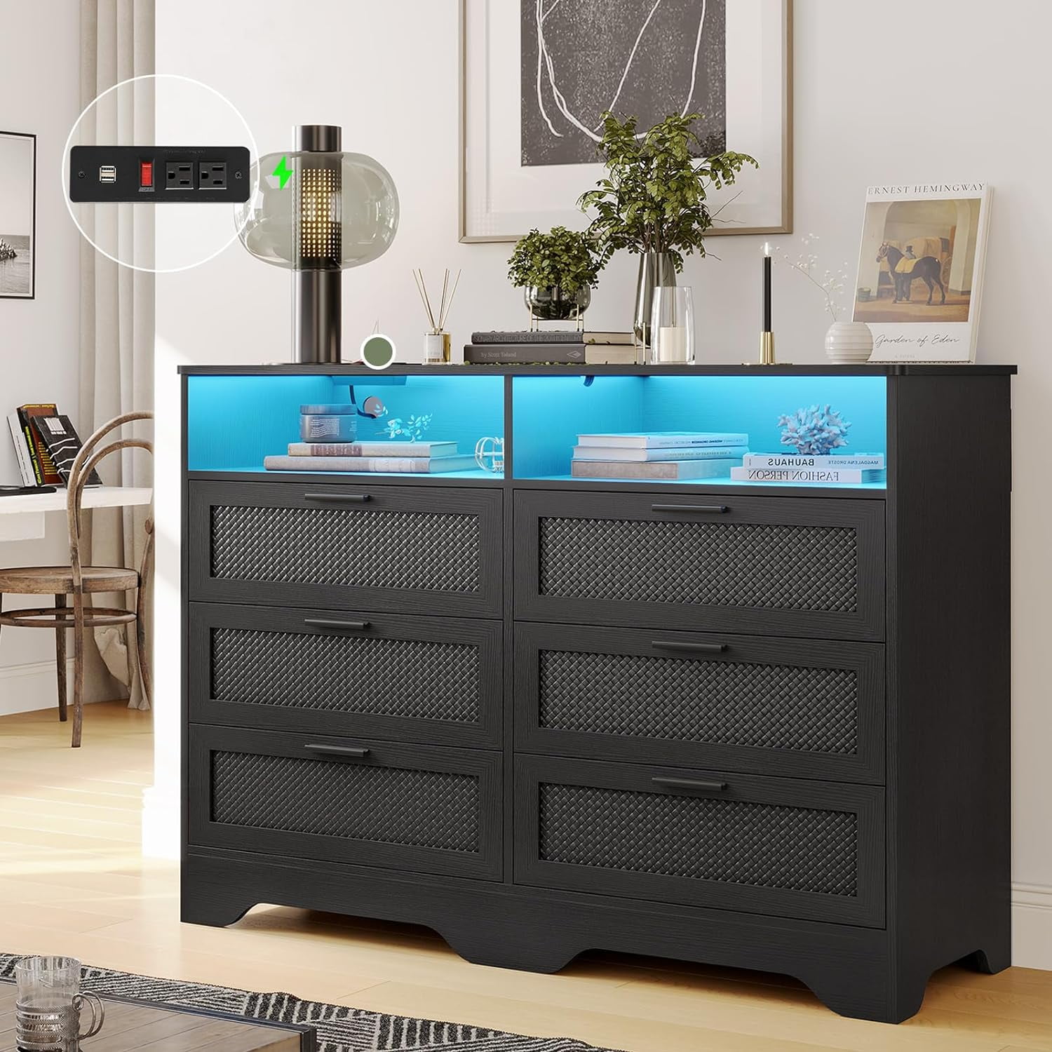 Black Dresser for Bedroom with Charging Station and LED Lights and 6 Drawers, Modern Wide Chest