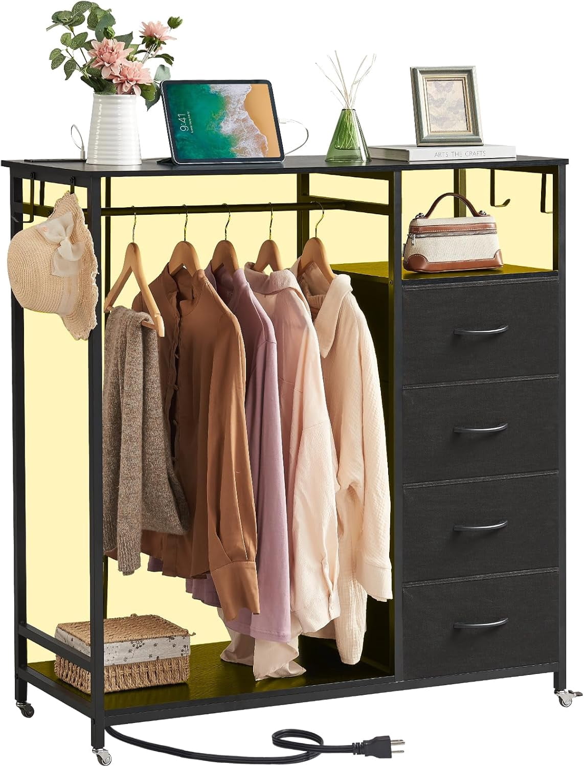 Drawer Rack Clothes Black Dresser for Bedroom with Hanging Rack LED Lights and Charging ...