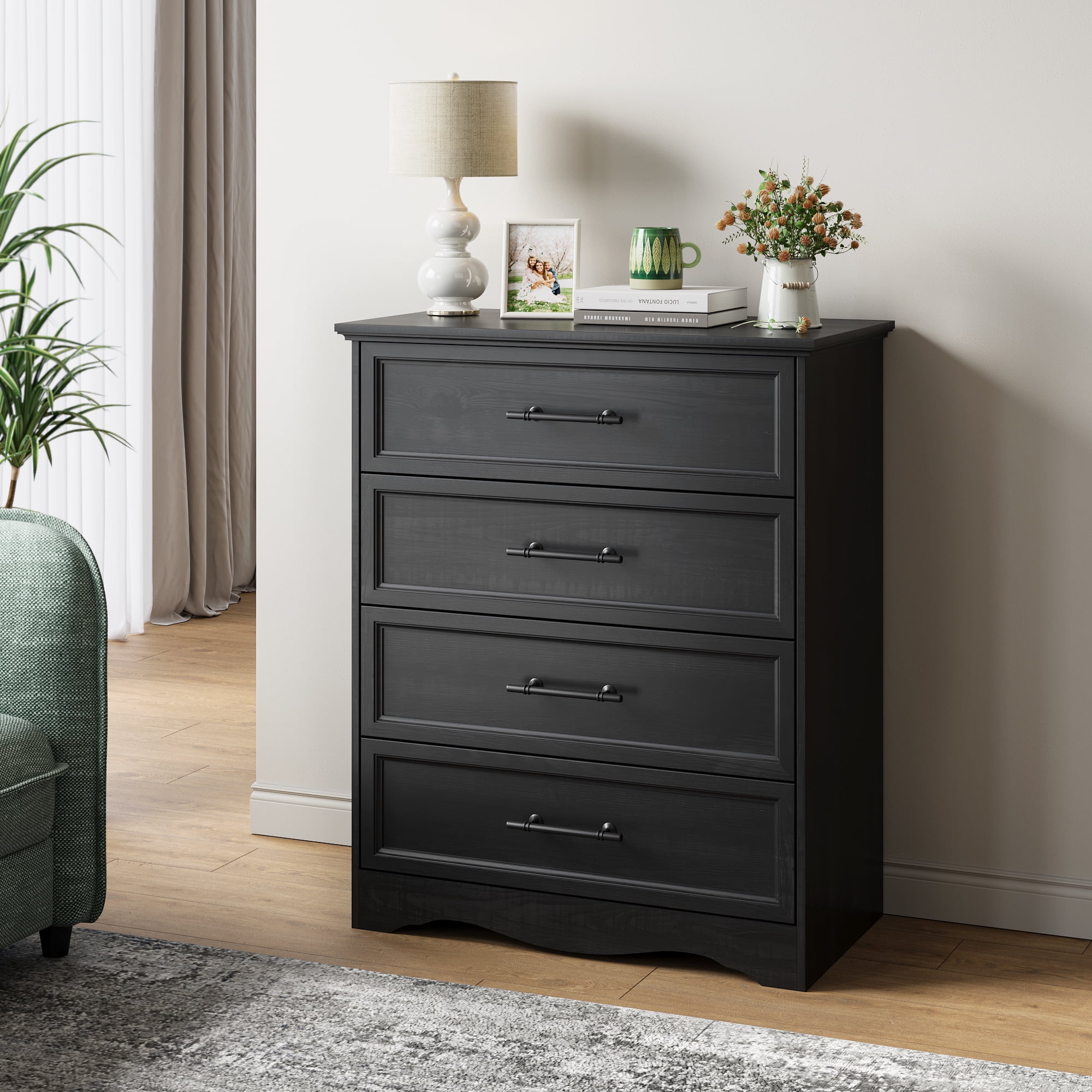 Black Dresser for Bedroom, Modern 36" Tall 4 Chest of Drawers, Wide Chest  of Drawers w/Brushed Metal Handle, Wood Closet Organizers and Storage ...