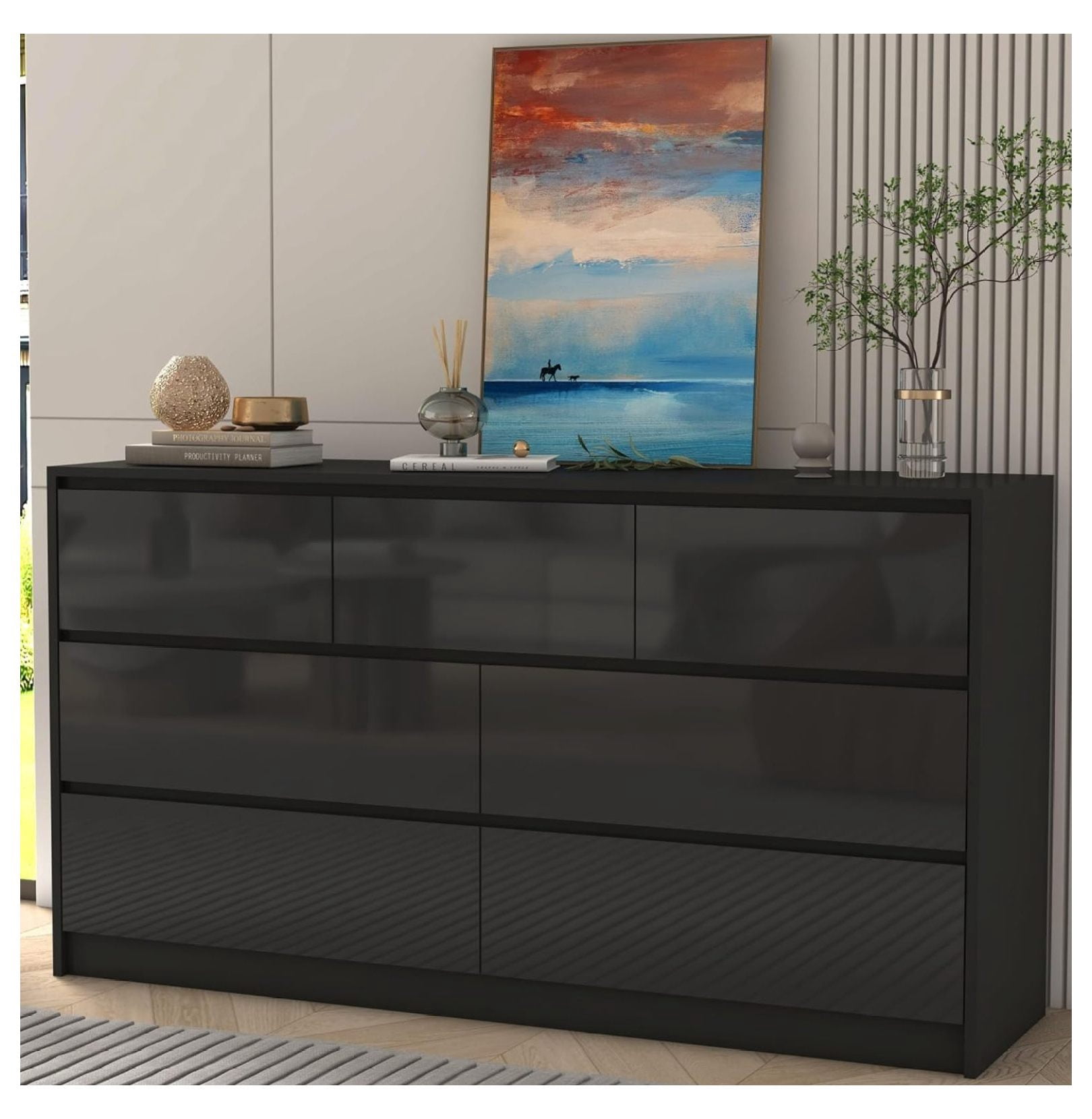 Black Dresser for Bedroom, Modern 7 Drawer Dresser with High Gloss ...