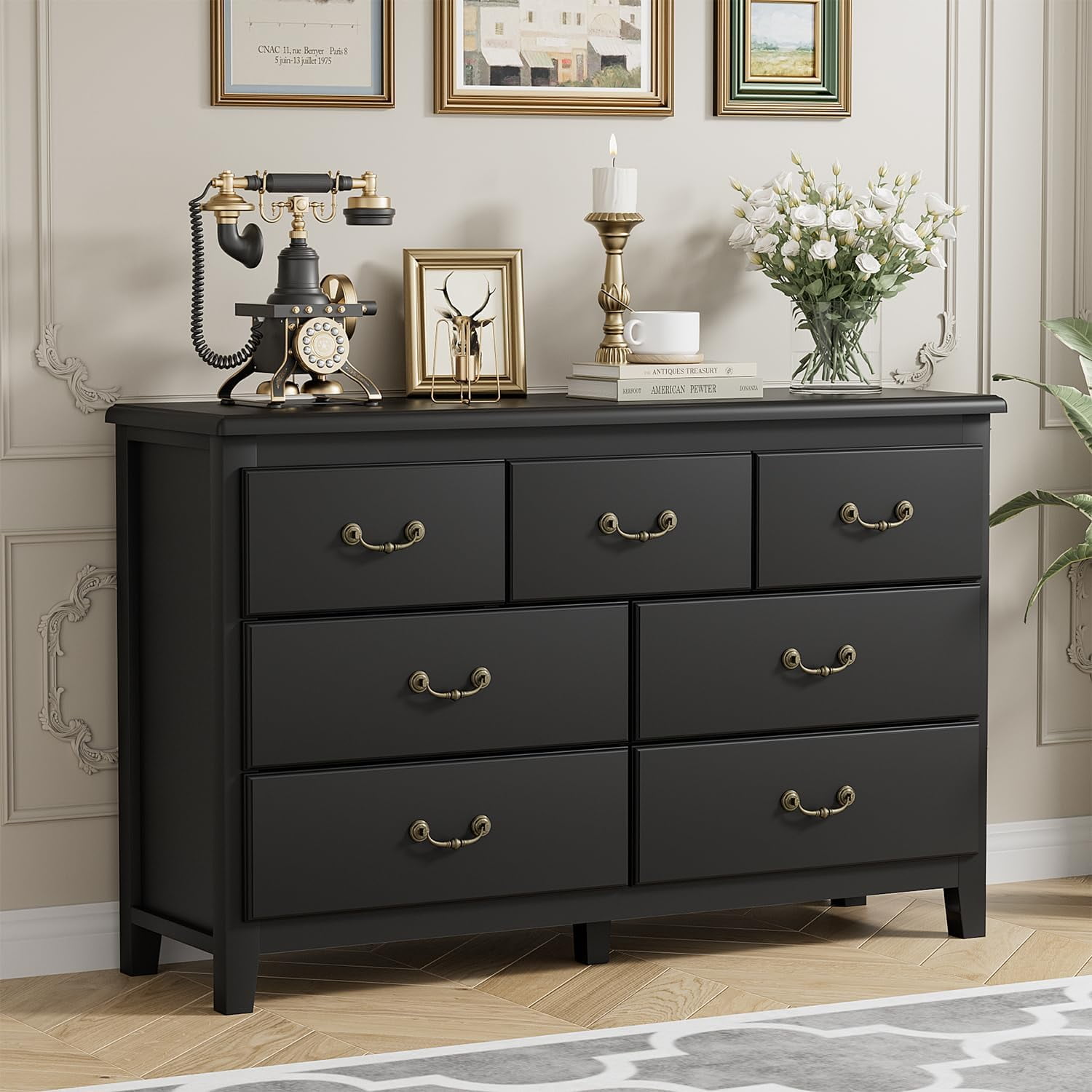 Black Dresser for Bedroom Modern Farmhouse Style 7 Drawer Double