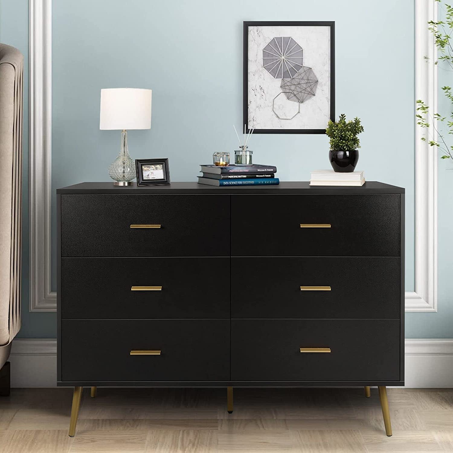 Black Dresser for Bedroom Modern Wooden 6 Drawer Dresser with Wide Drawers and Gold Handles ...
