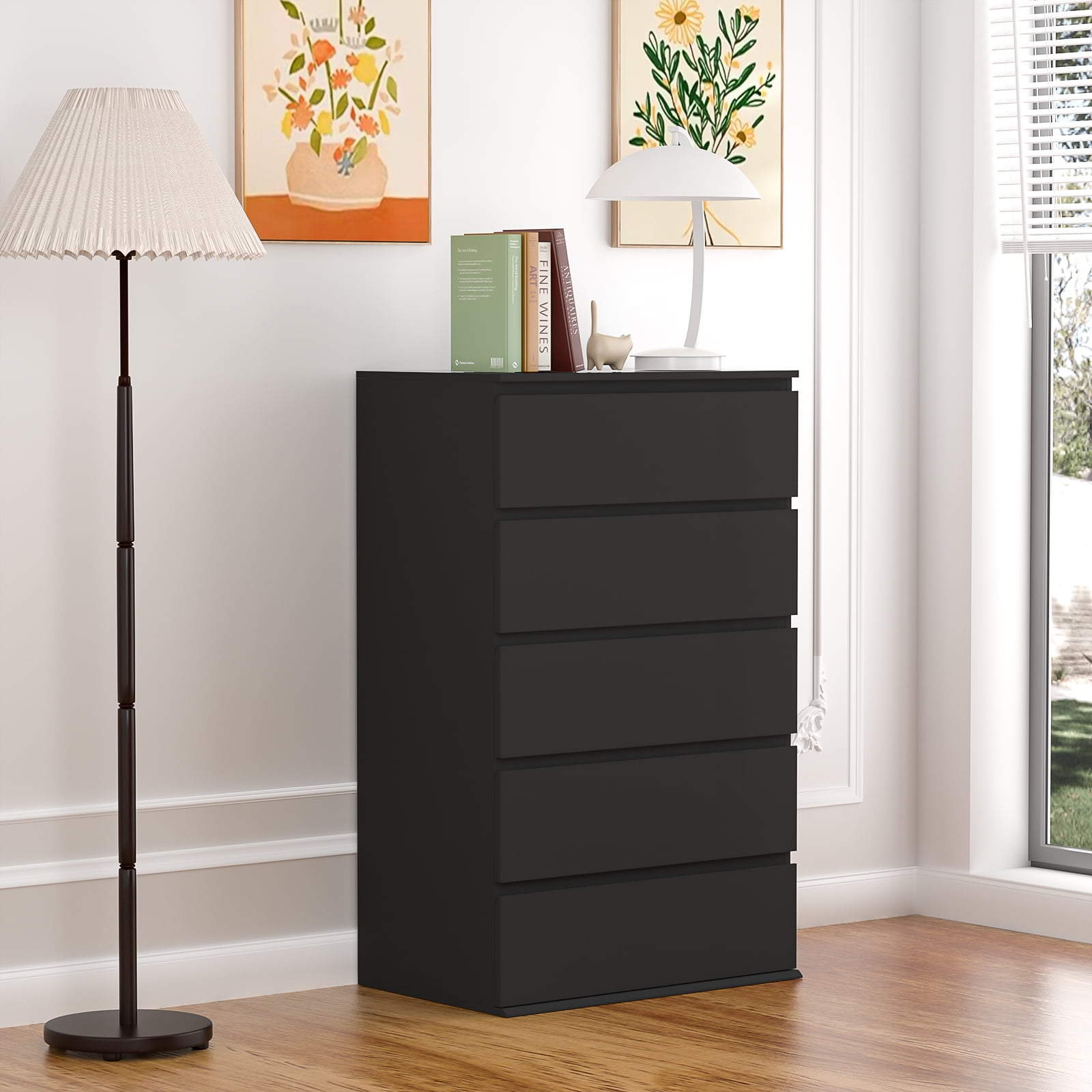 Black Dresser for Bedroom, Tall Dresser with 5 Drawers, 38.93''H Wooden ...