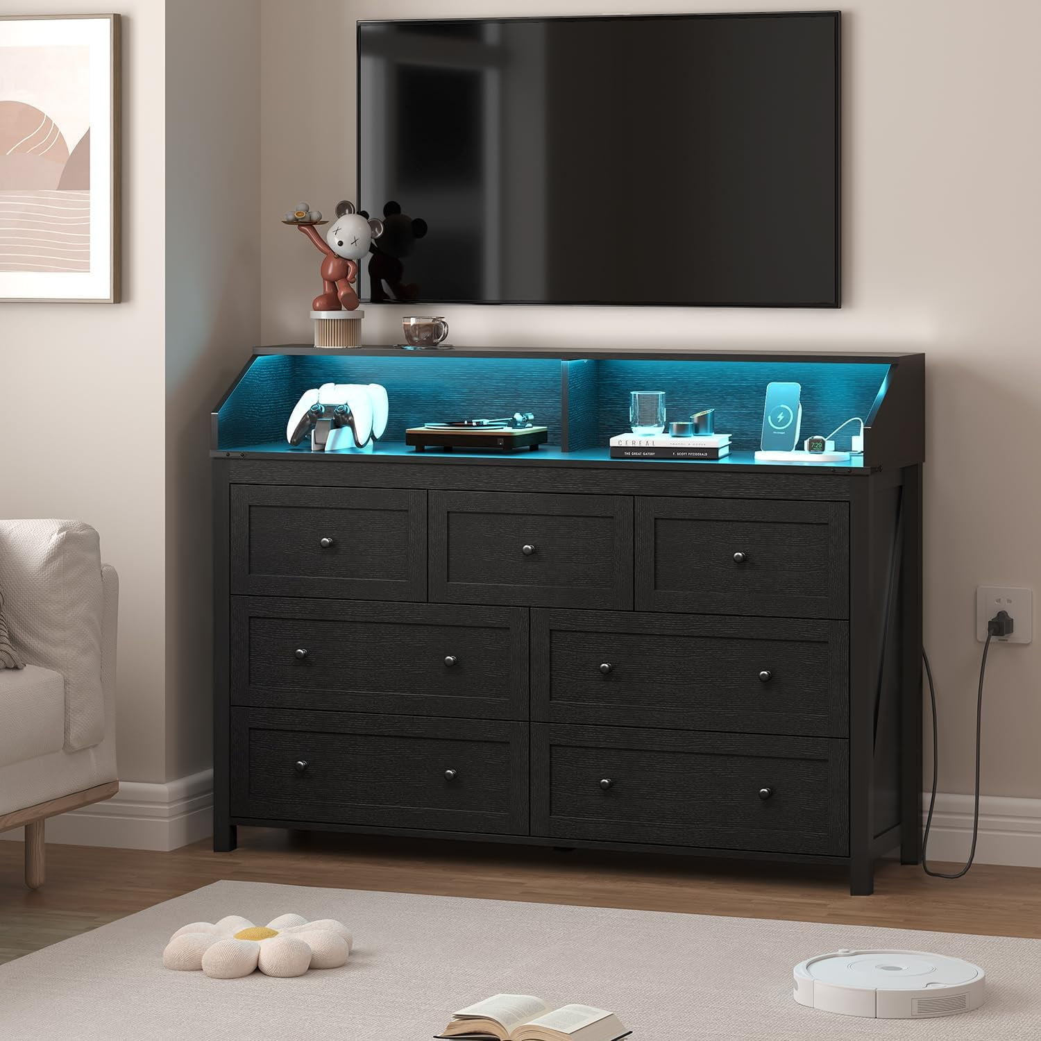 Black Dresser for Bedroom, Wood 7 Drawer Dresser with Led Lights ...